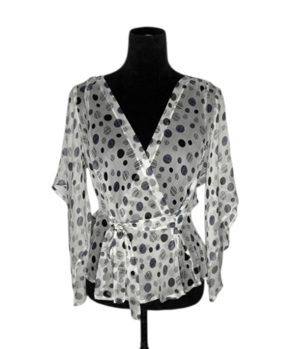 Saint Tropez West 100% Silk Polka Dot Sheer Kimono Sleeve Wrap Blouse Top M Y2K